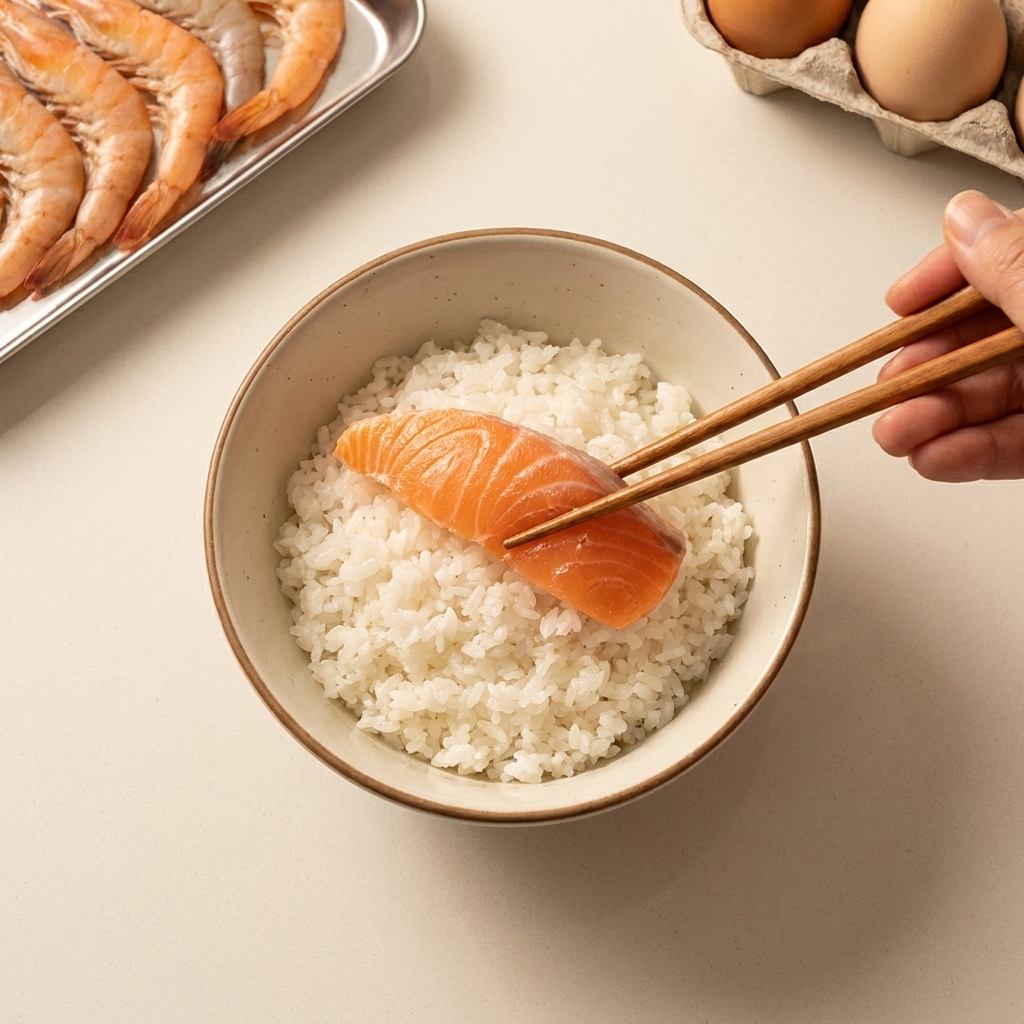 Baguettes déposant une tranche de saumon frais sur le lit de riz à sushi dans un bol.