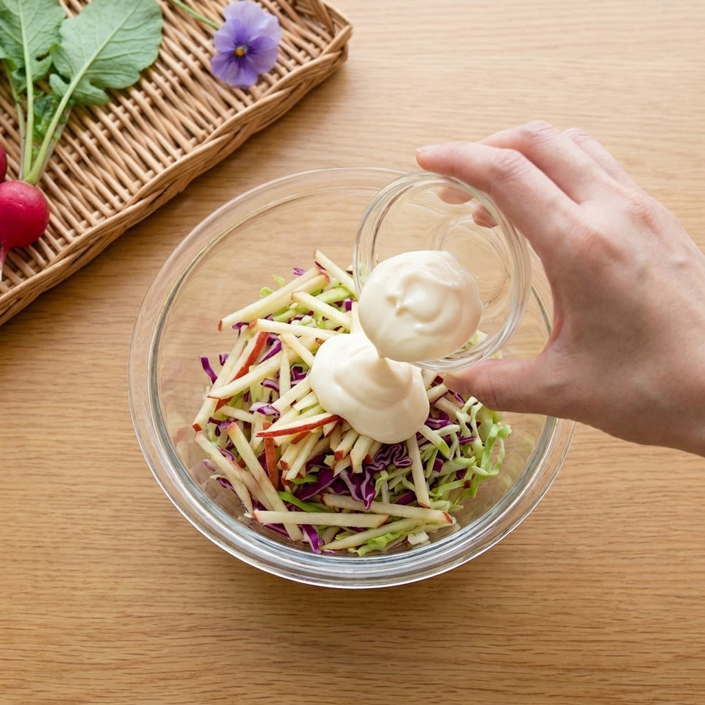 Un mélange de thon, concombre et pomme mélangé avec de la mayonnaise dans un bol.