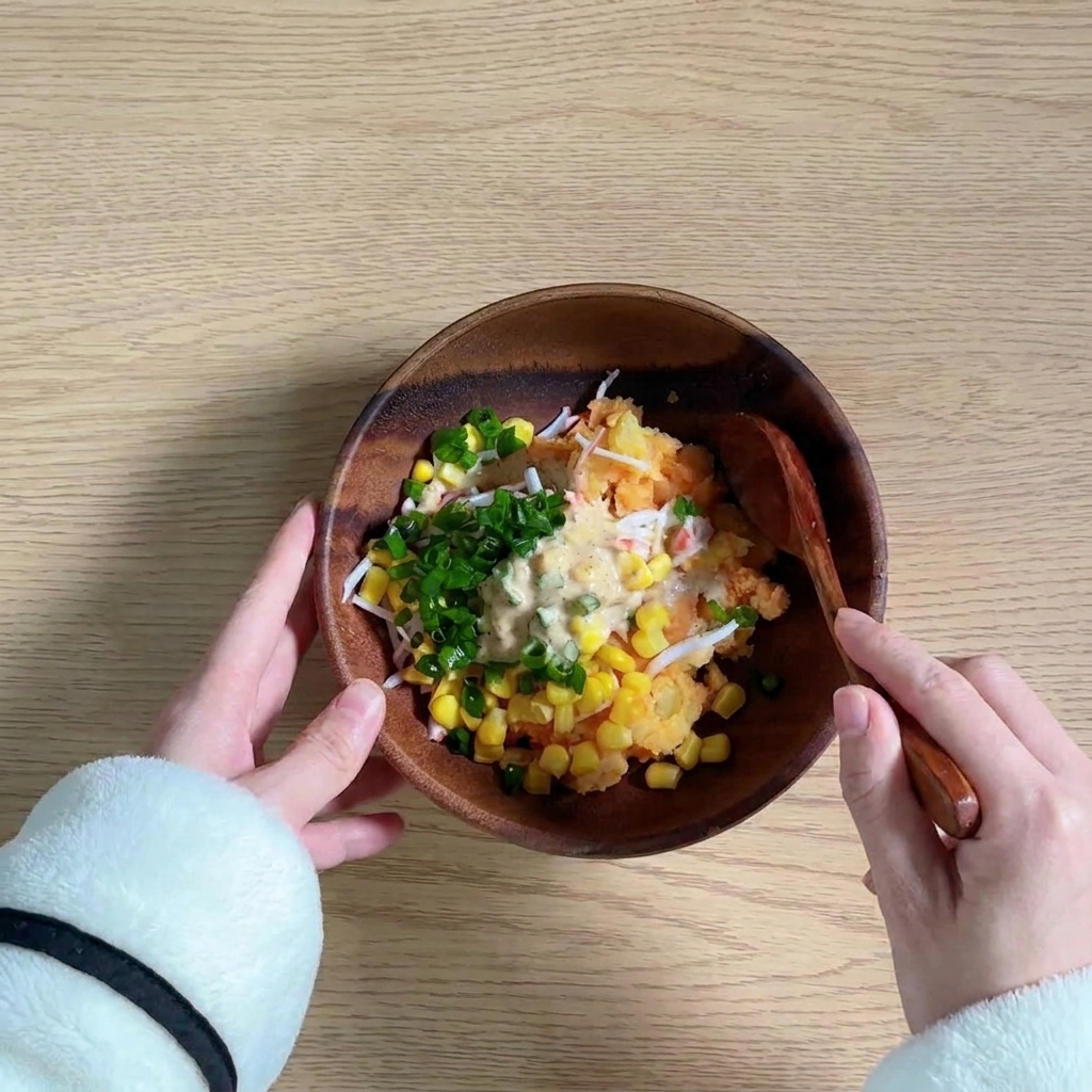 Patates écrasées combinées avec des bâtonnets de crabe, du maïs et des légumes verts dans un bol.