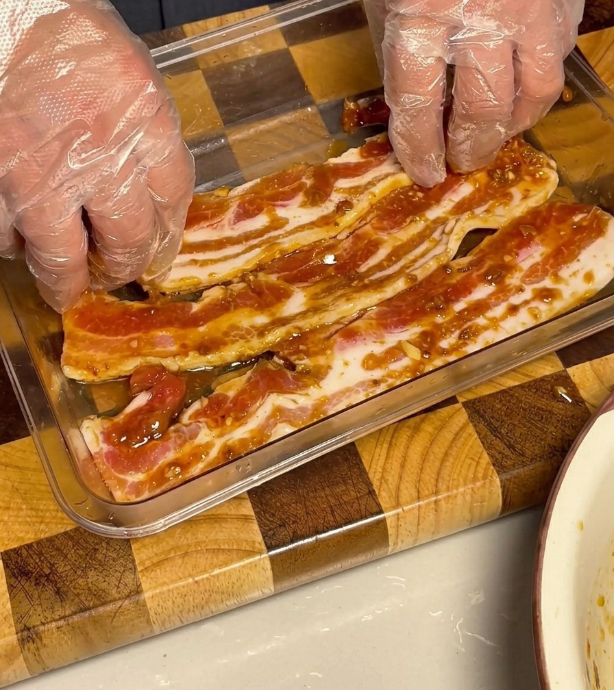 La poitrine de porc marinée est soigneusement disposée dans un récipient en verre, recouverte de sa sauce savoureuse.