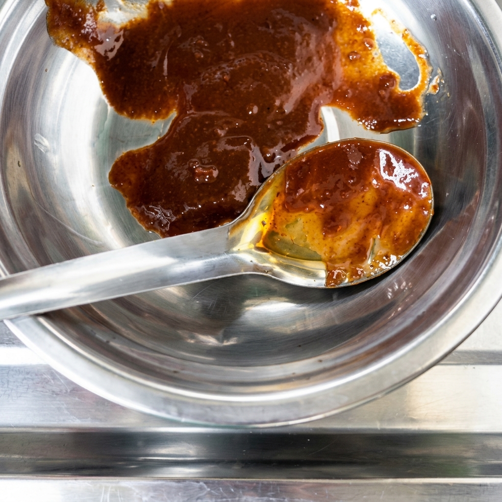 Une cuillerée de pâte de soja épaisse ajoutée au bol en métal contenant la sauce pimentée.