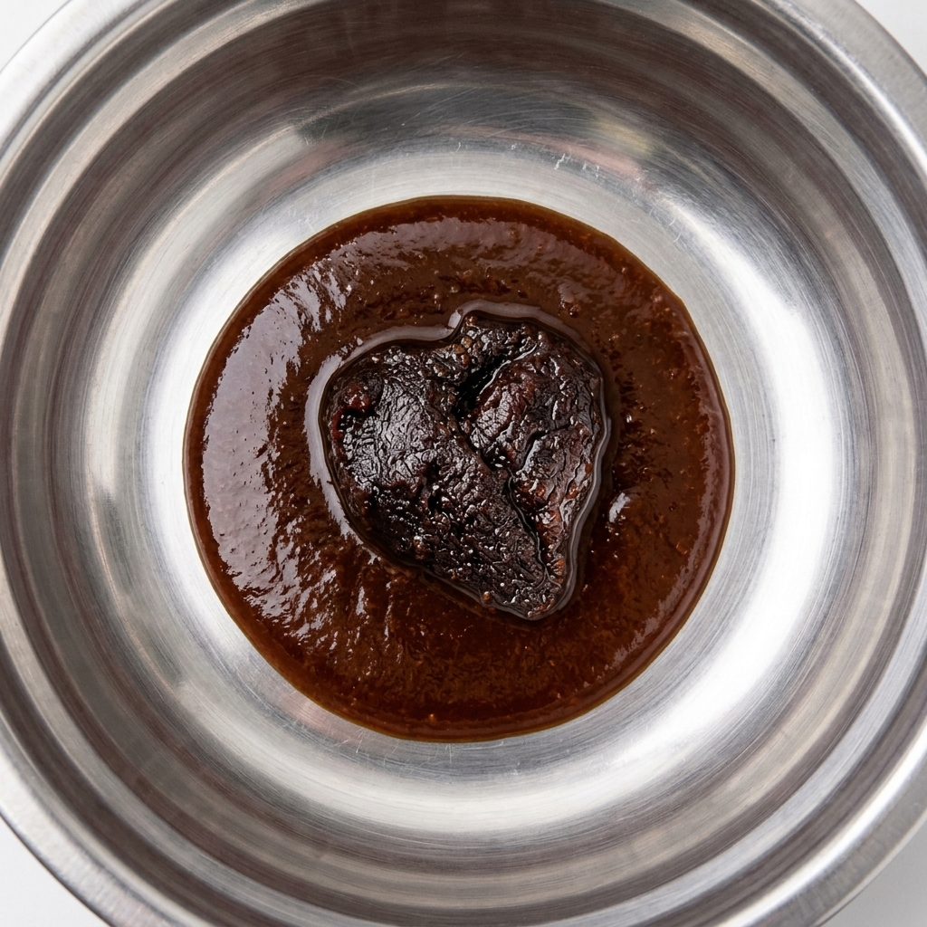 Un mélange de différentes pâtes de haricots dans un bol, remué avec de la bière pour créer une sauce homogène.