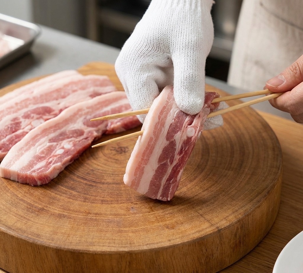 Des tranches de poitrine de porc crues enfilées sur des piques en bois par une main portant un gant blanc.
