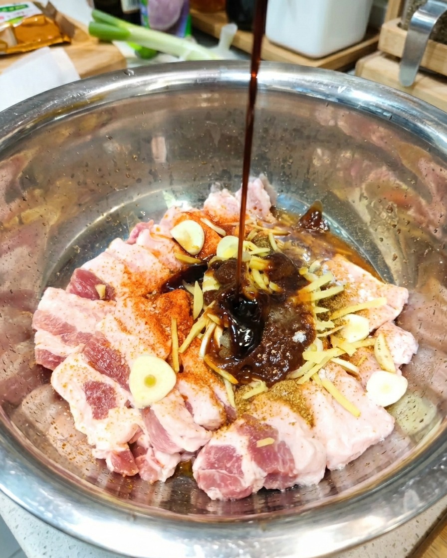 Assaisonnement liquide sombre versé sur la poitrine de porc assaisonnée dans le bol mélangeur.