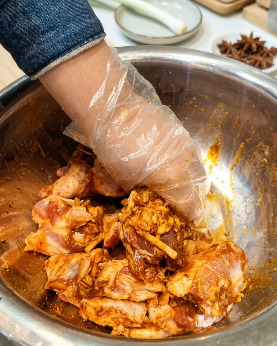 Une main gantée mélangeant des tranches de poitrine de porc crue avec les ingrédients de la marinade dans un bol.