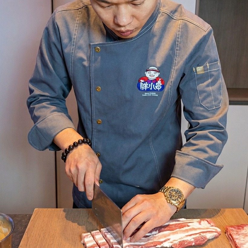 Un chef coupant de la poitrine de porc crue en morceaux uniformes sur une planche à découper.