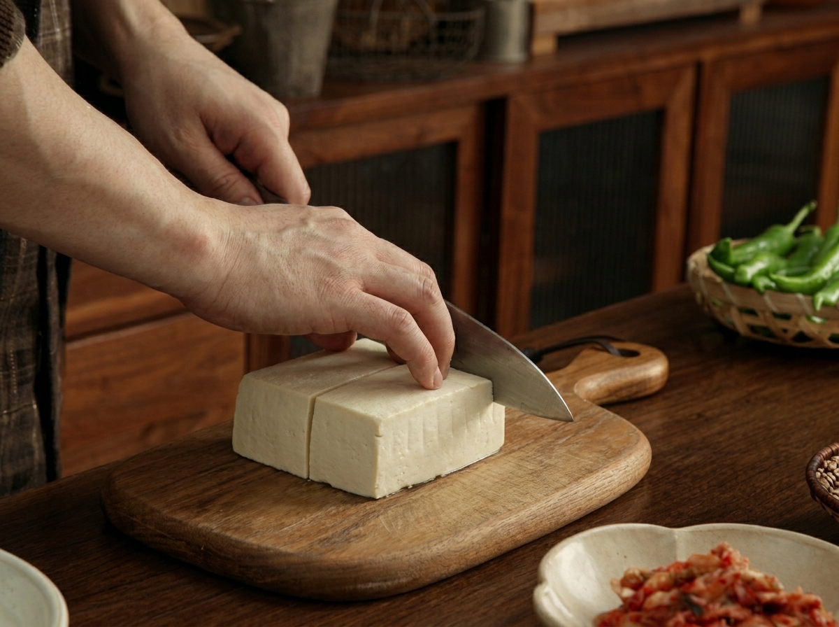 Tranches épaisses de tofu blanc soyeux préparées sur une planche à découper en bois.