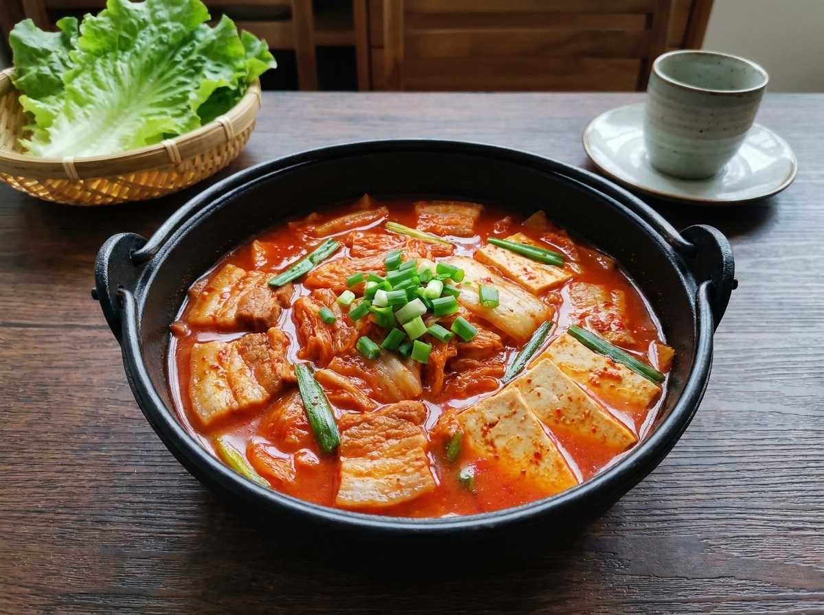 Kimchi coréen, pâte de piment et poudre de piment ajoutés dans la marmite.