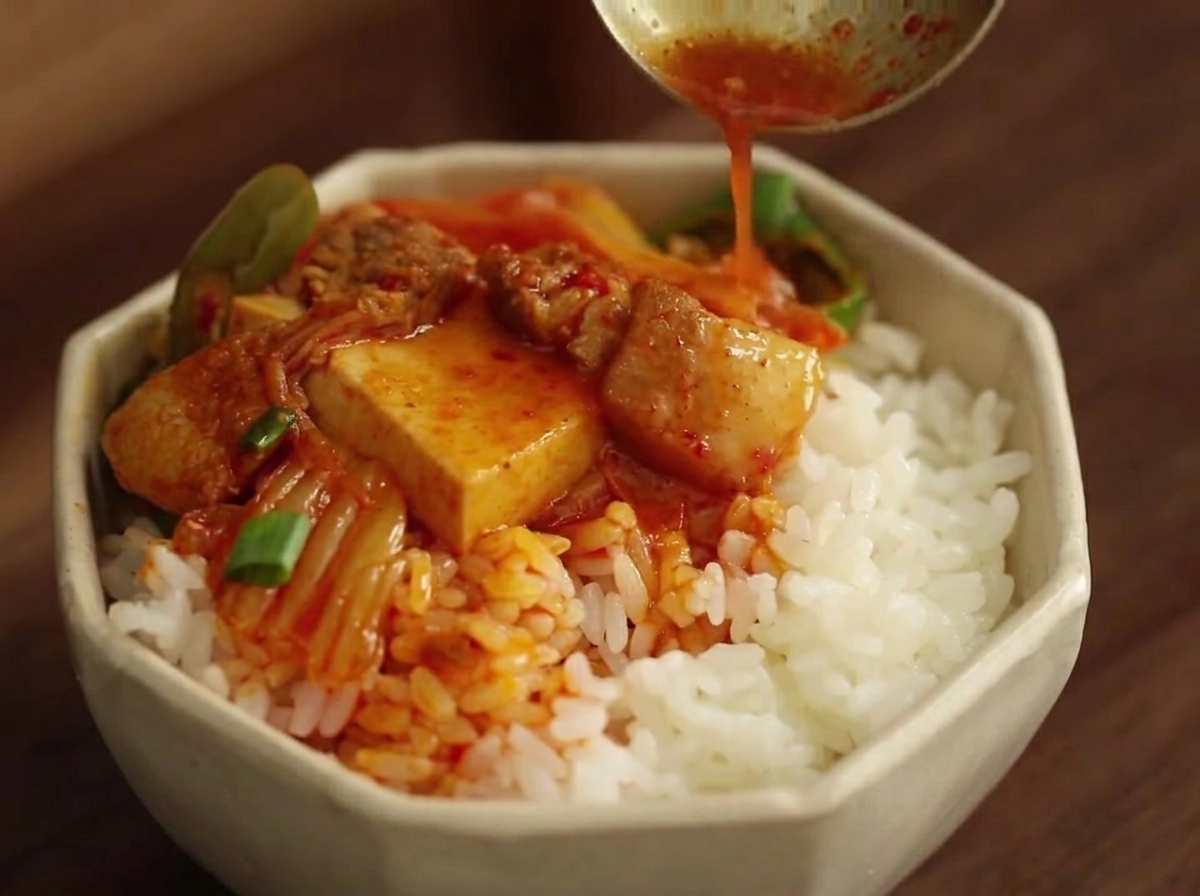 Le mélange de porc, de légumes et de kimchi en train de sauter dans la marmite.