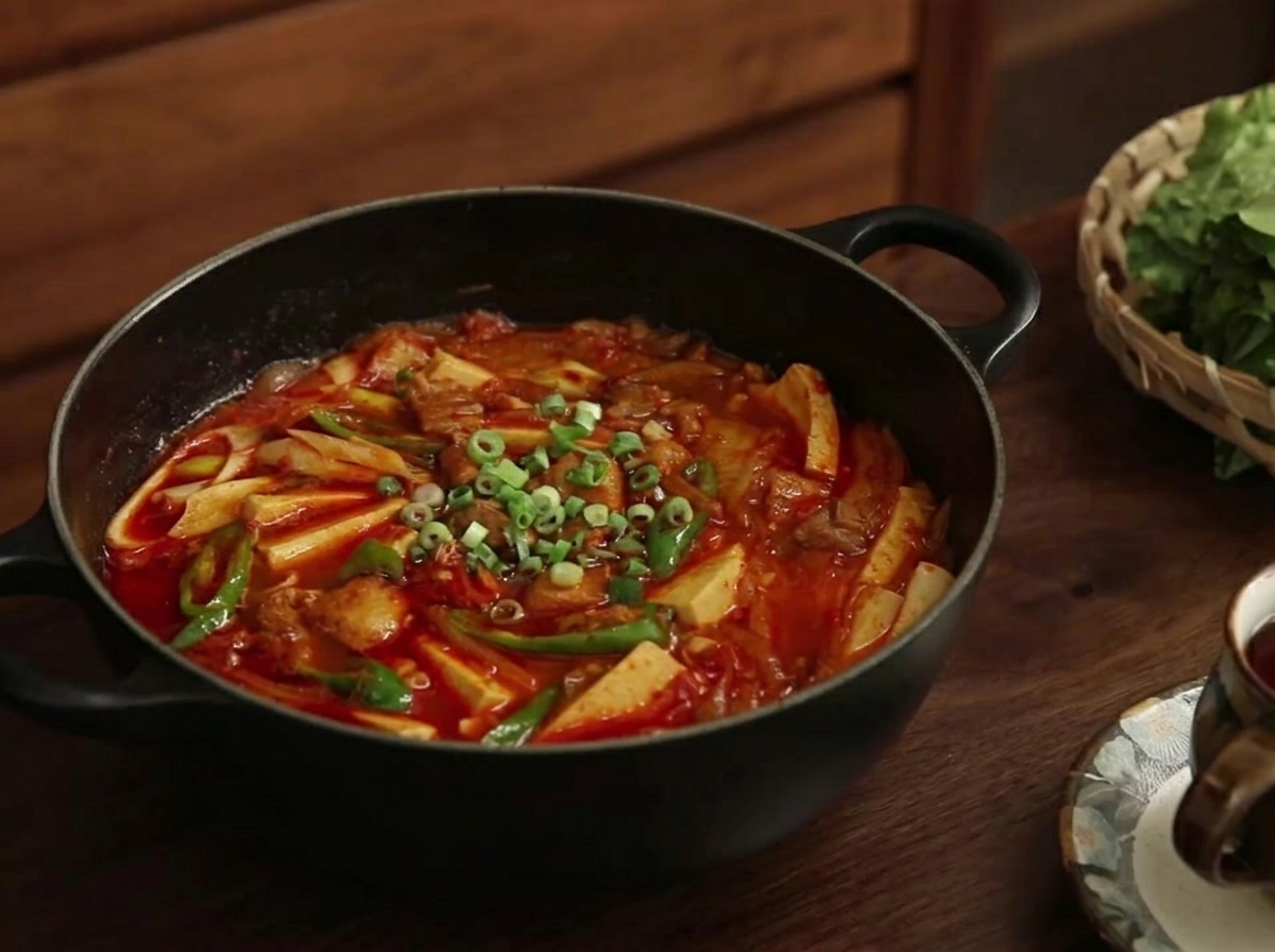 Oignons verts ciselés saupoudrés sur le ragoût de kimchi et de porc terminé.