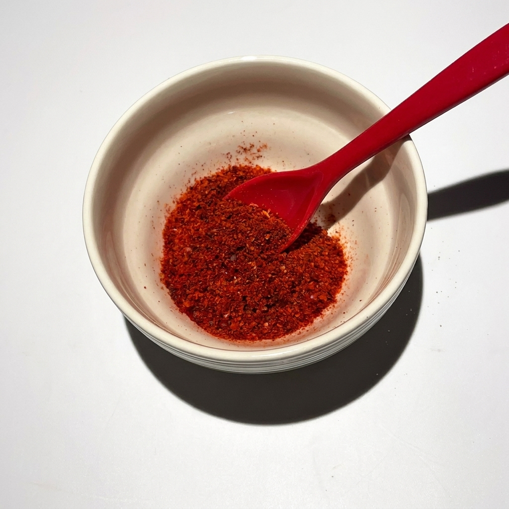 Gros plan sur une cuillère ajoutant de la poudre de piment et dautres assaisonnements dans un bol pour la sauce de base.