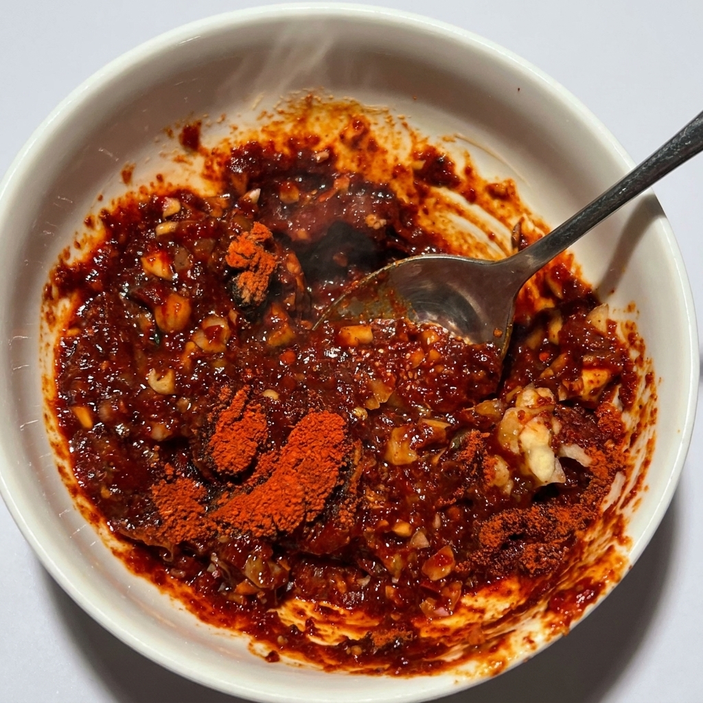 Une cuillère en métal mélangeant une sauce rouge épaisse et vive à lintérieur dun bol en céramique blanc.