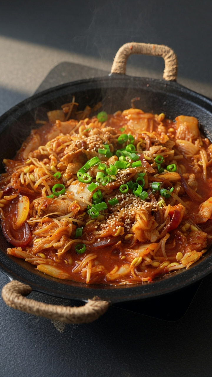 Sauté de poitrine de porc au kimchi et pousses de soja