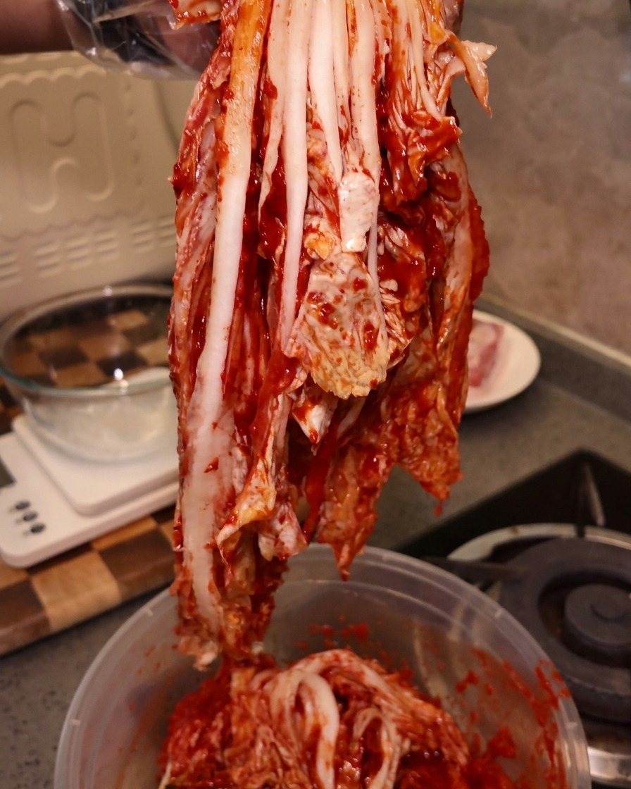 Un gros morceau de kimchi acide rouge vif soulevé par une main gantée.