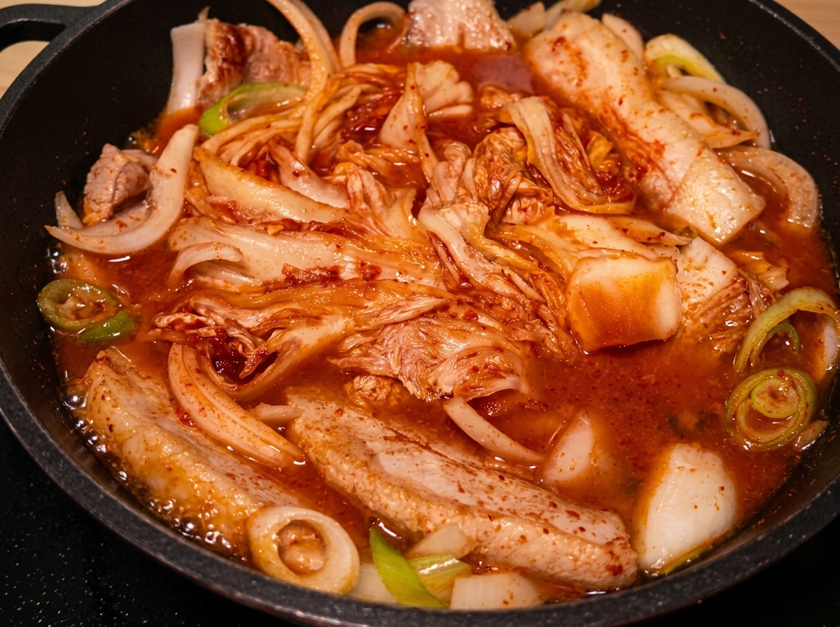 Une cuillerée de sauce ajoutée au bouillon rouge frémissant.