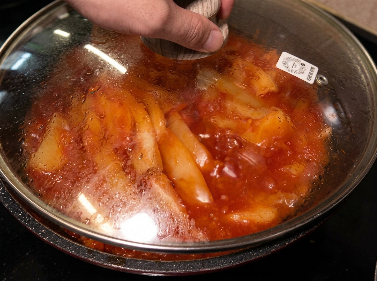Un couvercle en verre placé sur la poêle pour couvrir le porc et le kimchi.