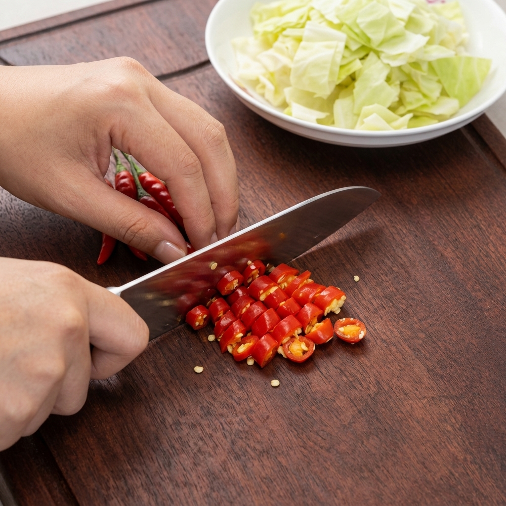 Mains coupant des piments rouges vifs en fines rondelles sur une planche à découper foncée à côté dun bol blanc de chou.