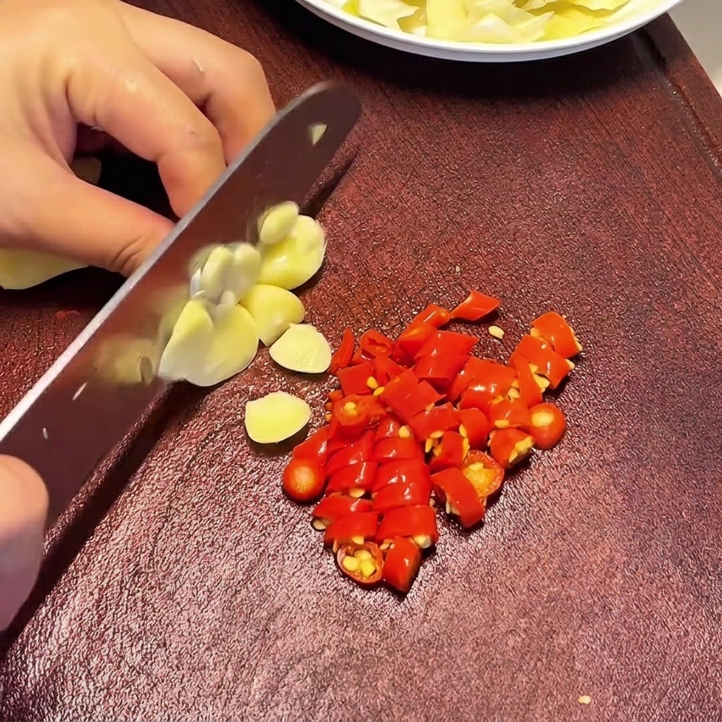 Main utilisant un couteau pour trancher finement des gousses dail crues sur une planche à découper, à côté de piments rouges hachés.