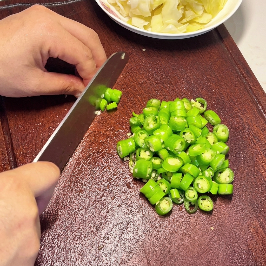 Mains coupant des piments verts vifs en rondelles régulières sur une planche à découper en bois sombre.