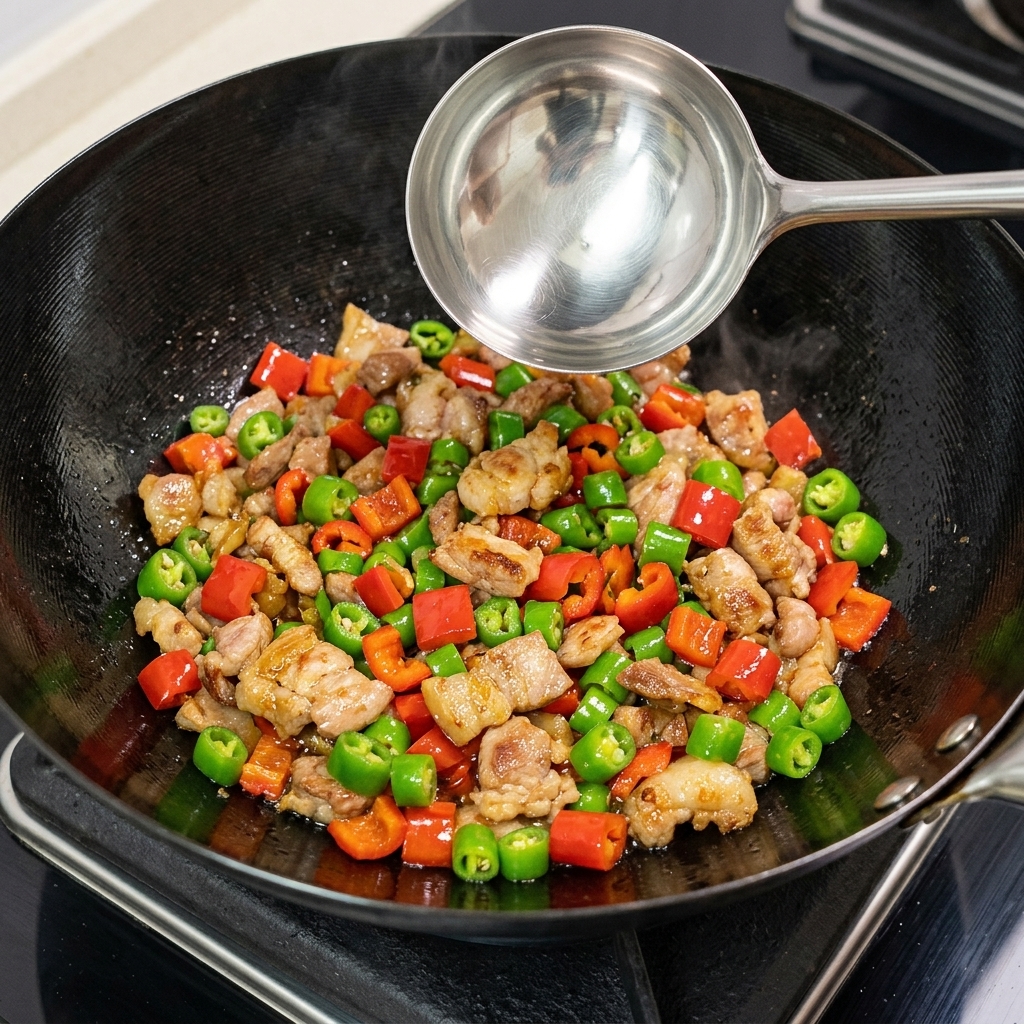 Piments rouges et verts frais hachés et ail émincé parsemés dans le wok sur le porc en train de cuire.