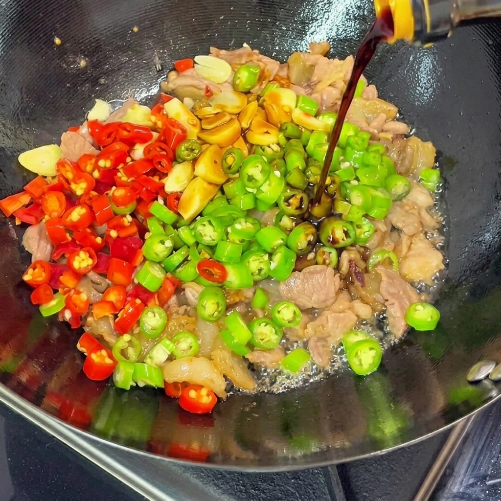 Sauce soja versée depuis une bouteille dans un wok crépitant rempli de porc, dail et de piments.