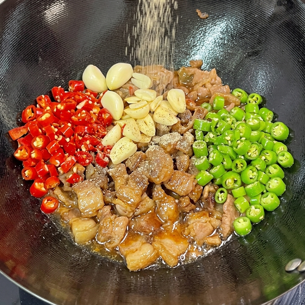 Poudre de poivre noir tombant en pluie sur le mélange de poitrine de porc, dail et de piments dans le wok.