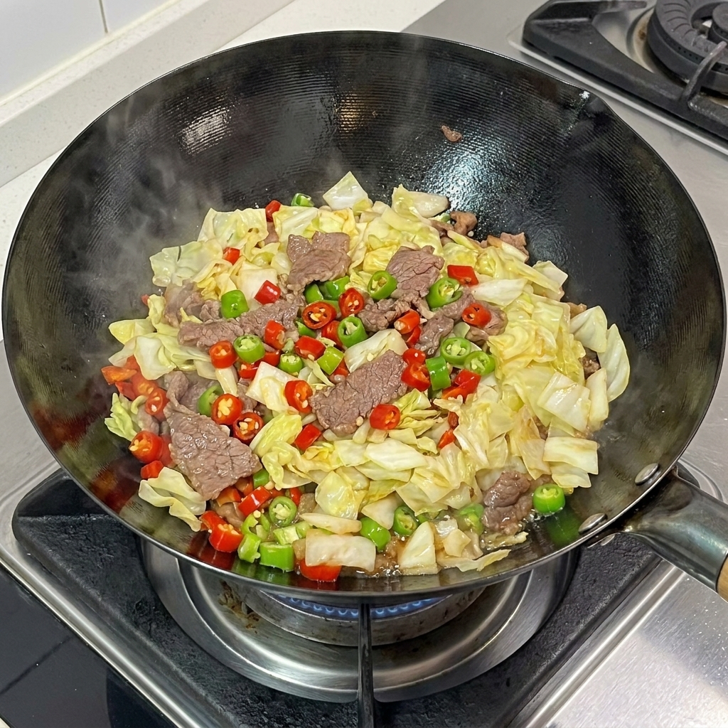 Grande quantité de chou mariné précuit ajoutée par-dessus le mélange de porc et de piments assaisonnés.