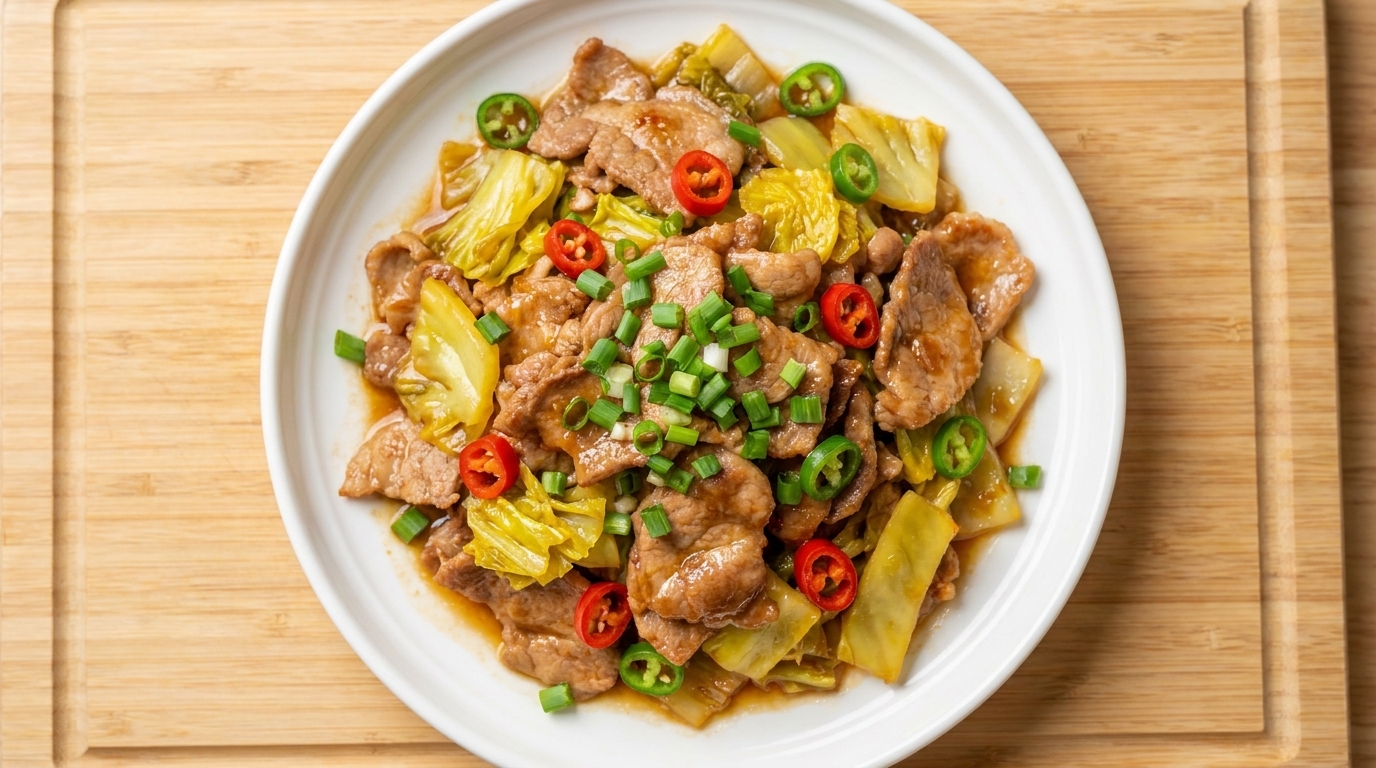 Une assiette de sauté de porc au chou mariné, parsemée de piment et doignons verts frais.