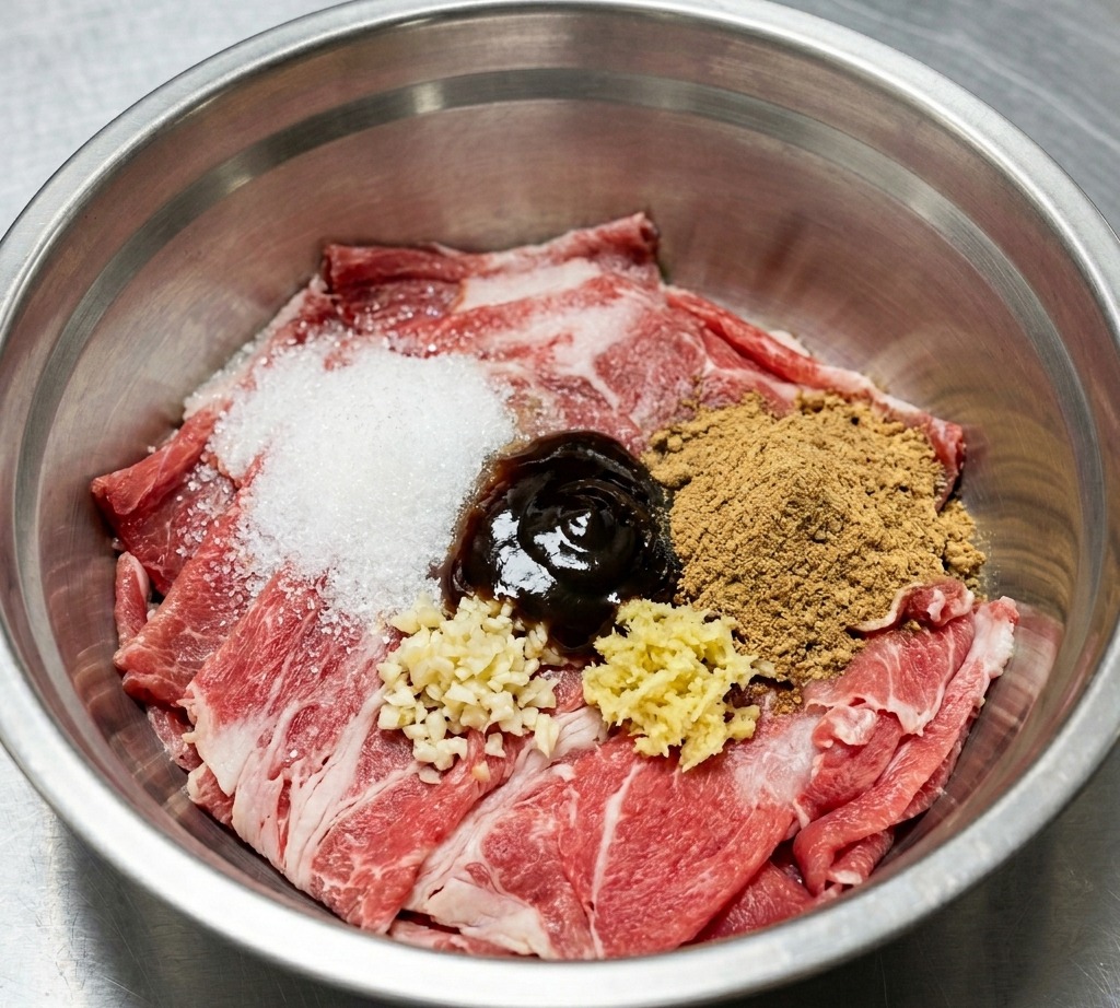 Le bœuf dans le bol recouvert de sucre, dassaisonnements et daromates hachés.