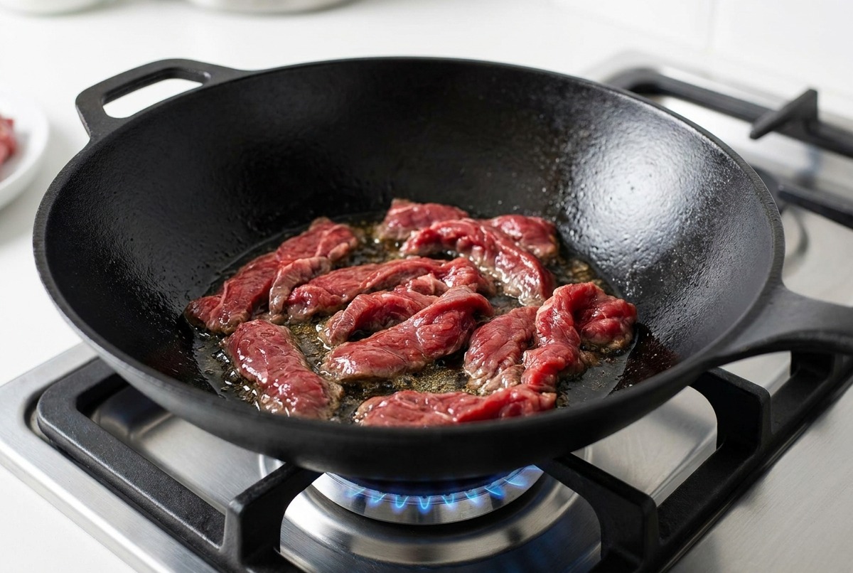 Tranches de bœuf marinées saisies dans un wok en fonte chaud.