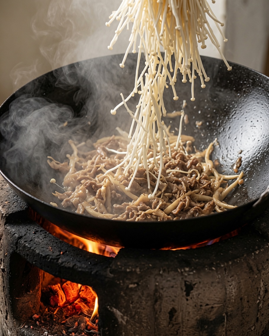 Une botte de champignons enoki frais ajoutée au mélange de bœuf et doignons dans le wok.