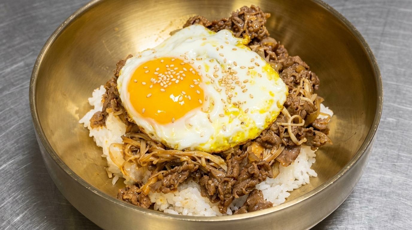 Un bol de riz au bœuf façon barbecue coréen servi dans un récipient en laiton avec un œuf au plat et des graines de sésame.