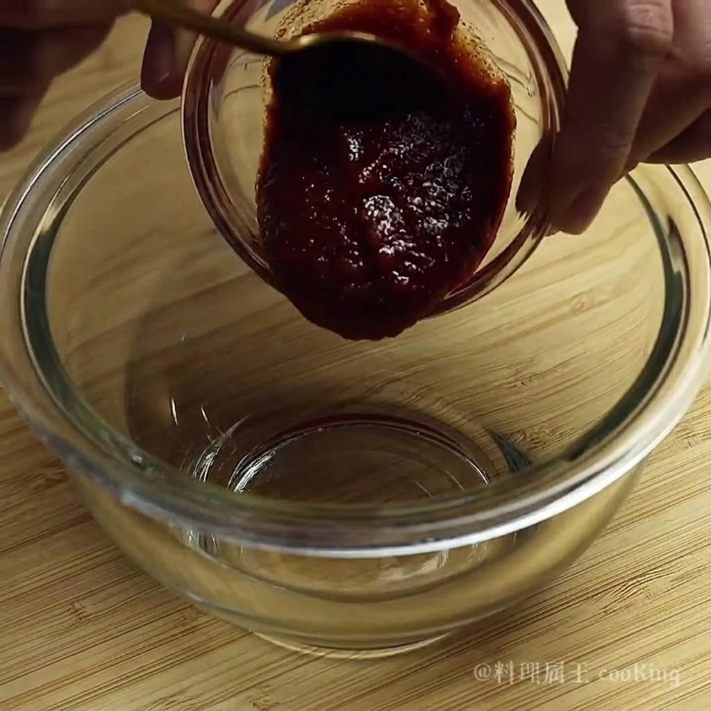 Un petit bol en verre contenant un mélange de sauce rouge épaisse en train dêtre mélangé avec une cuillère.