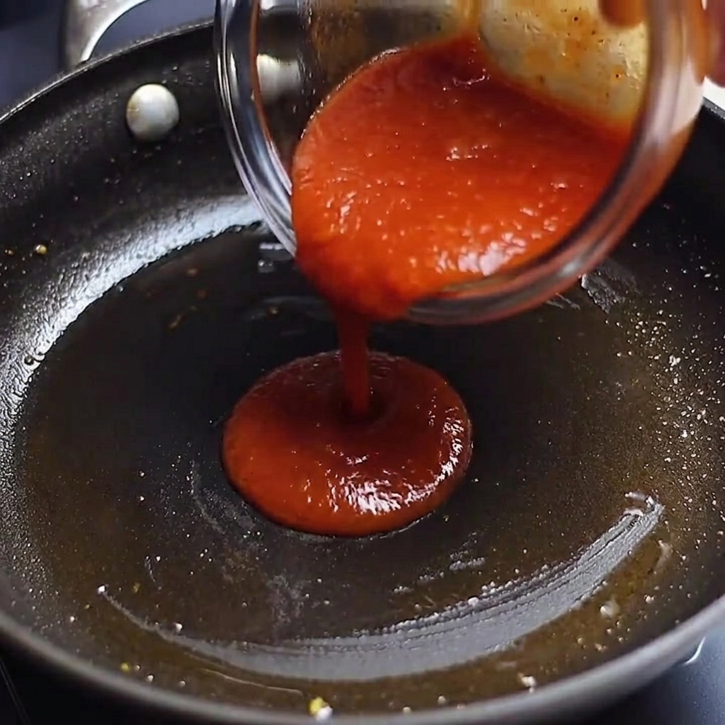 Le mélange de sauce préparé versé dans une poêle, prêt à être porté à ébullition.