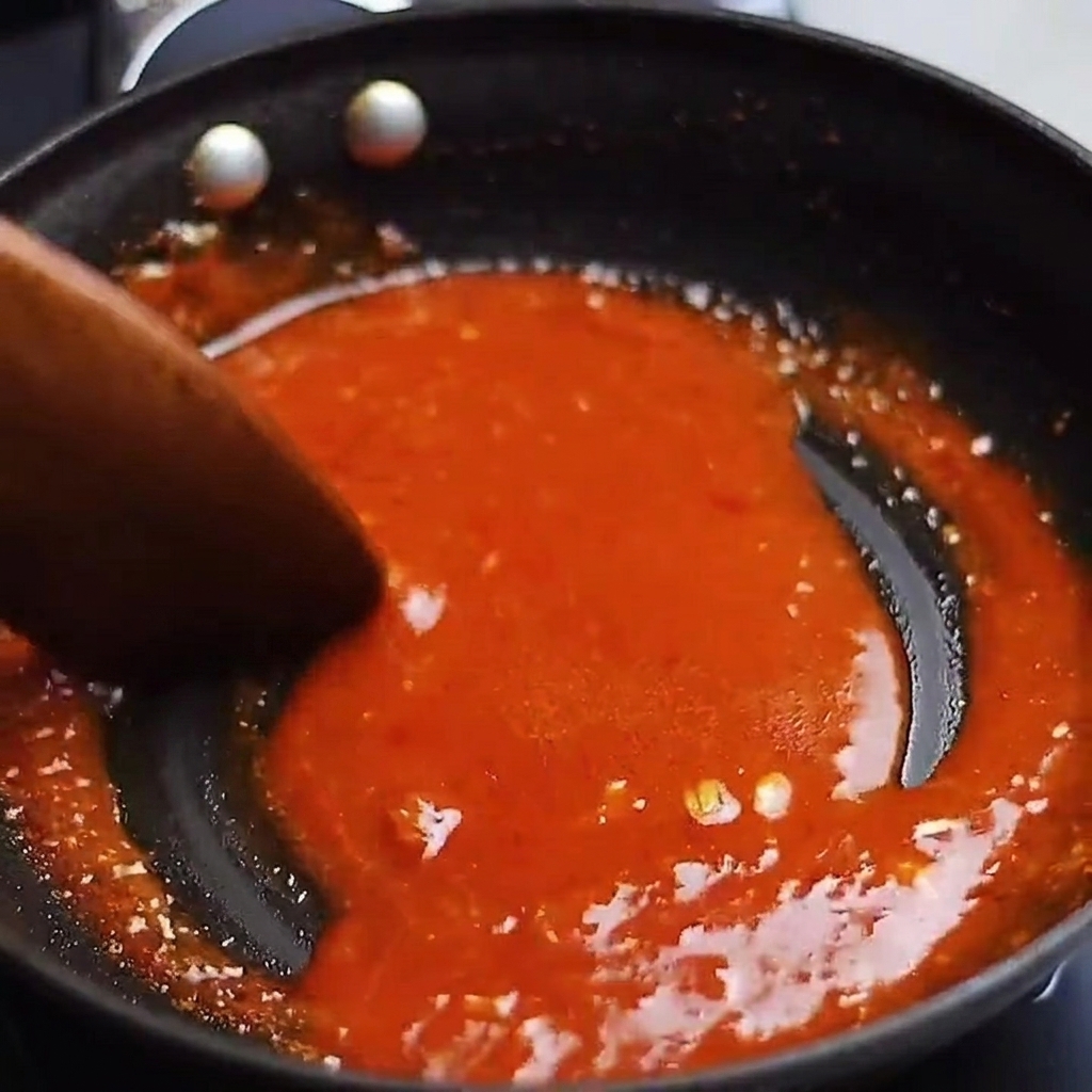 Des tranches de poitrine de porc poêlées en train dêtre nappées dune sauce rouge épaisse et frémissante dans une poêle.