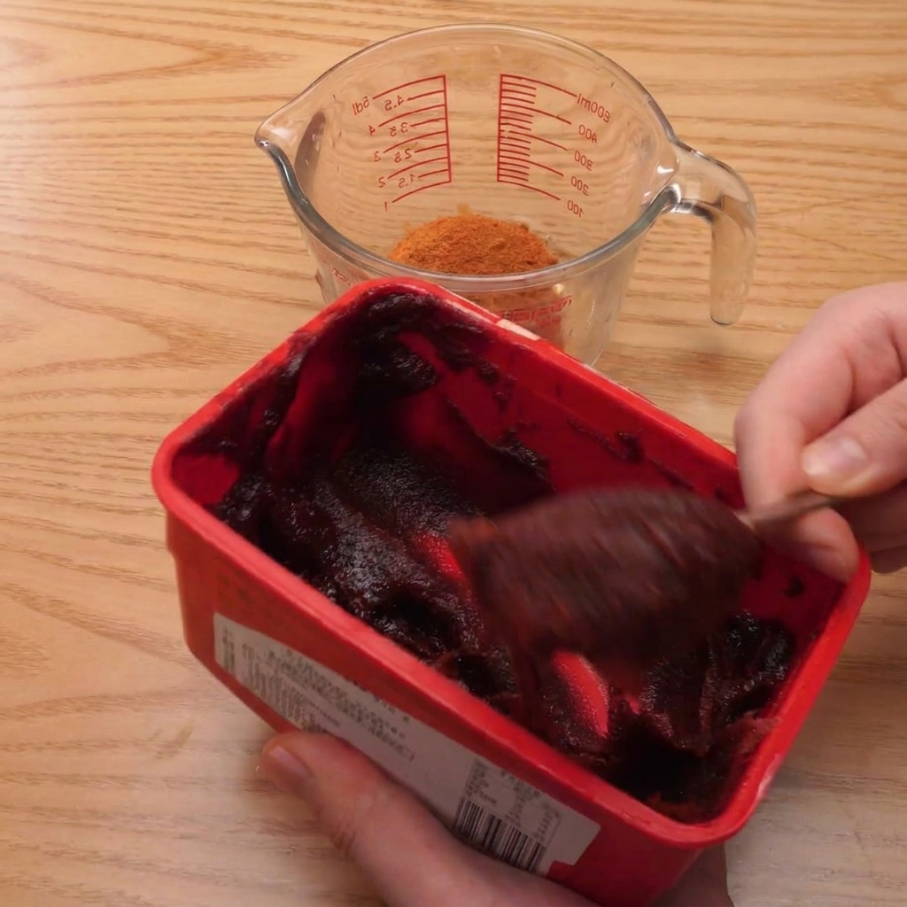 Un verre doseur contenant un mélange de poudre de piment, de pâte de piment coréenne et dautres assaisonnements, avec du Sprite versé.