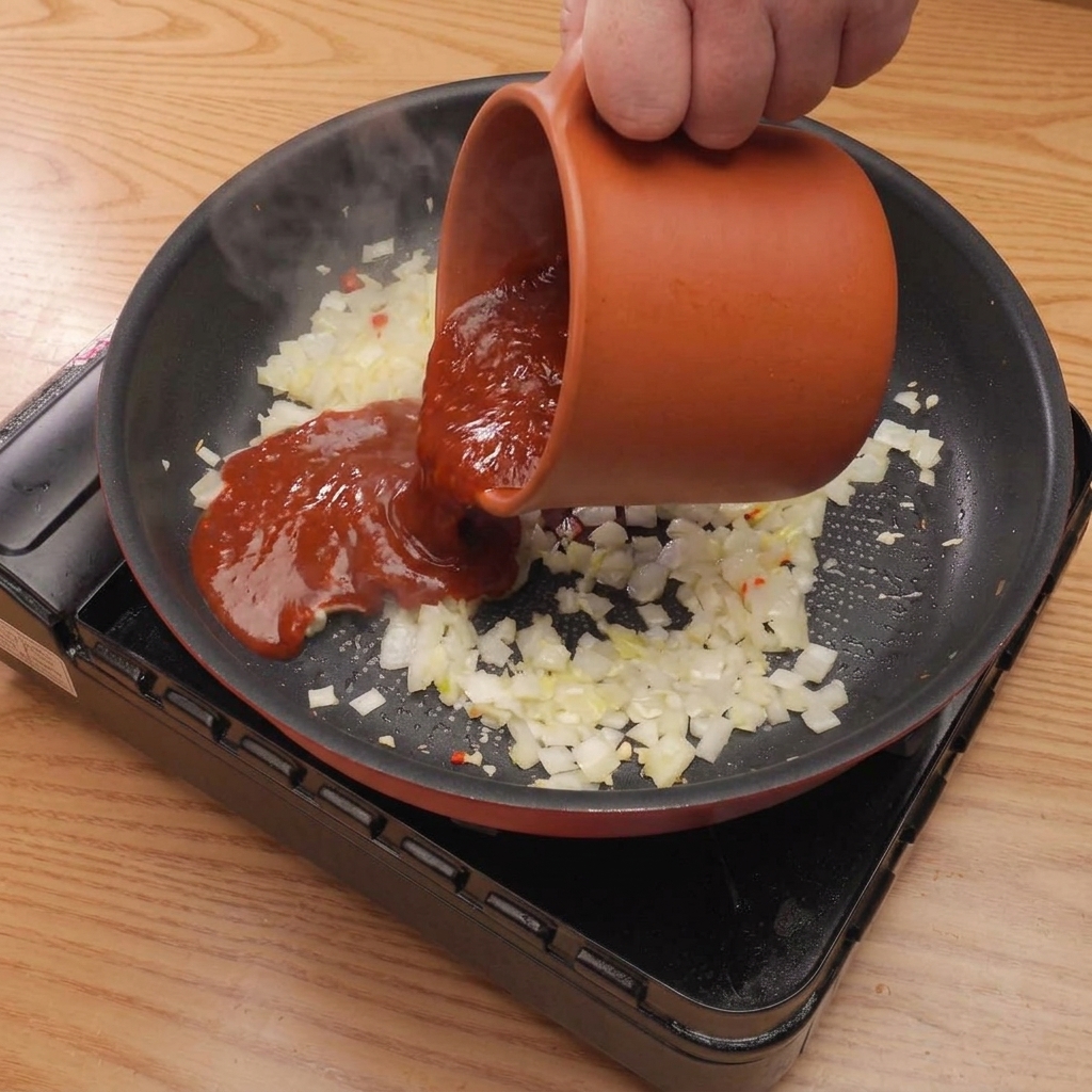 Un mélange de sauce rouge sombre versé dans une poêle avec des oignons, de loignon vert et de lail sautés, mijotant à feu doux.