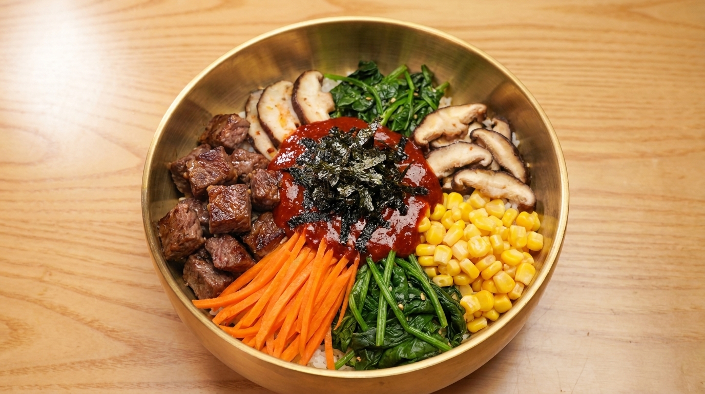 Bibimbap au bœuf et calamar épicé