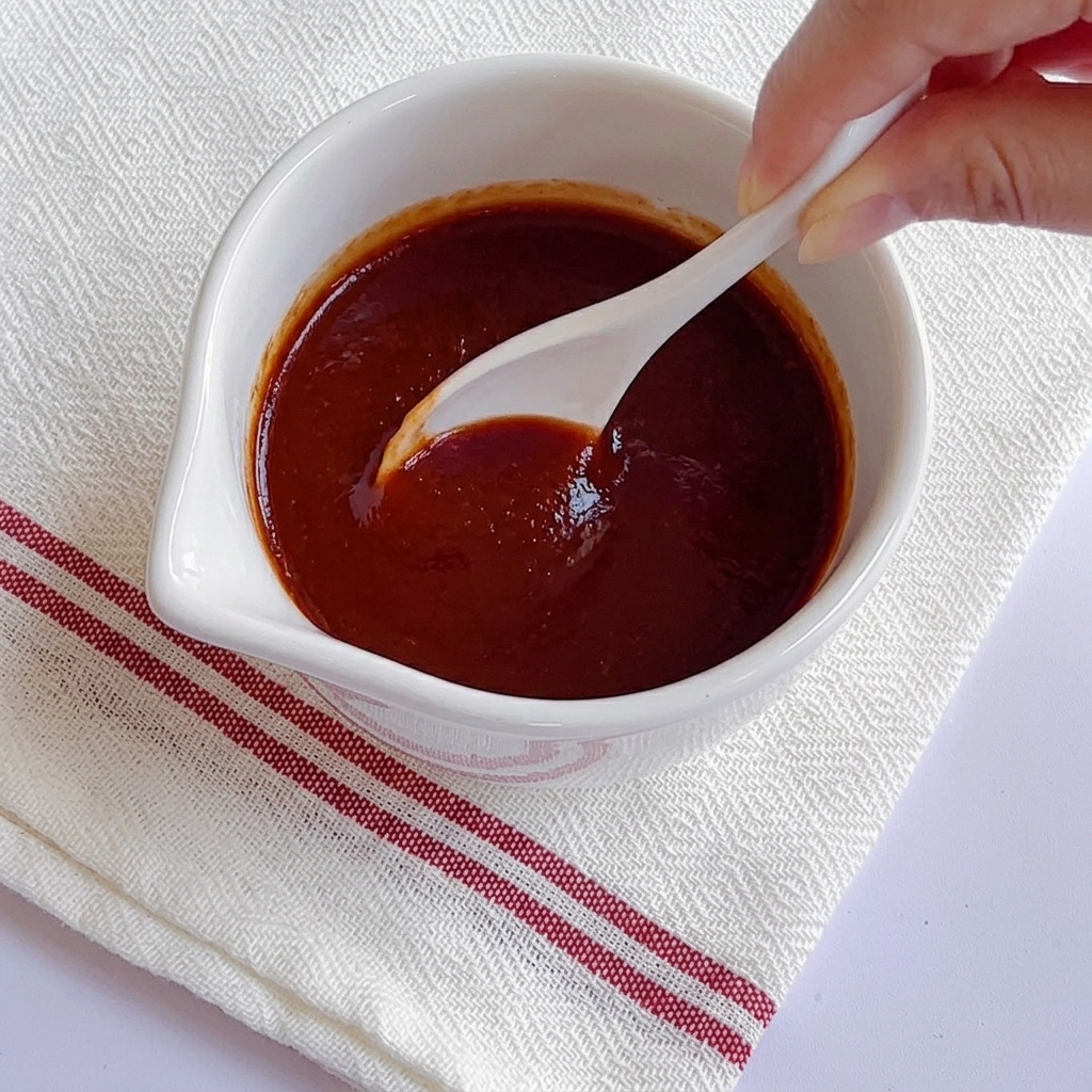 Gros plan dune cuillère blanche remuant une sauce épaisse rouge foncé dans un petit bol blanc.