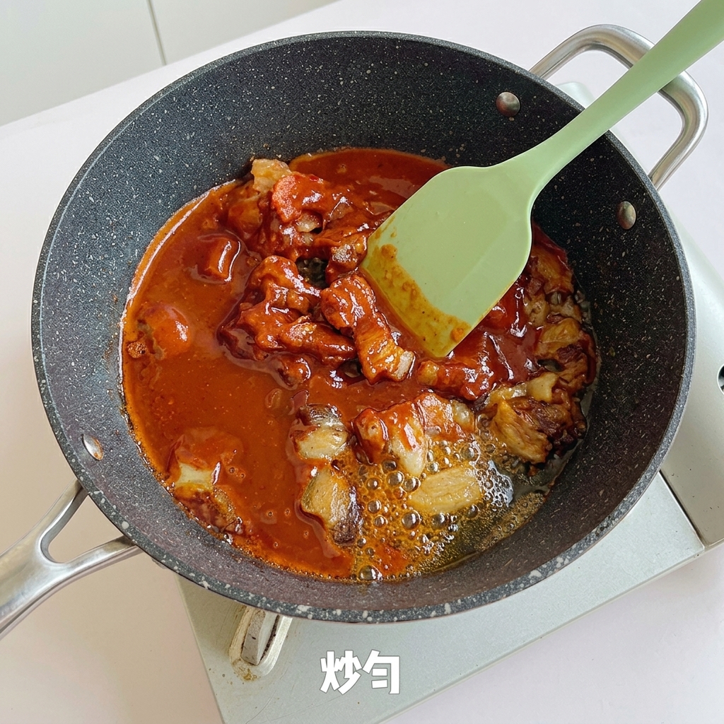 Porc et kimchi sautés avec la sauce dans une poêle à laide dune spatule vert clair.