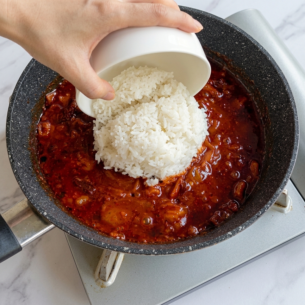 Un bol de riz blanc ajouté dans une poêle remplie de porc et de kimchi.
