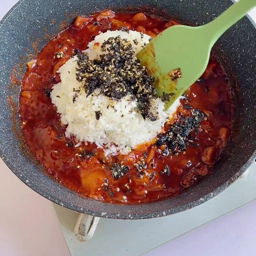 Riz sauté mélangé avec la sauce et les algues dans une poêle avec une spatule verte.