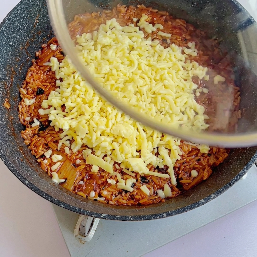 Un couvercle en verre posé sur la poêle de riz sauté au fromage pour aider à faire fondre le fromage.