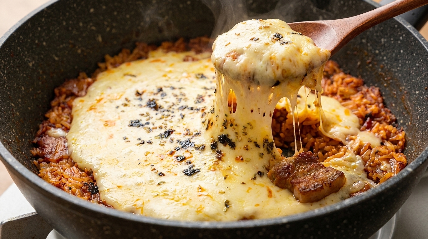 Riz sauté coréen au kimchi, poitrine de porc et fromage fondant
