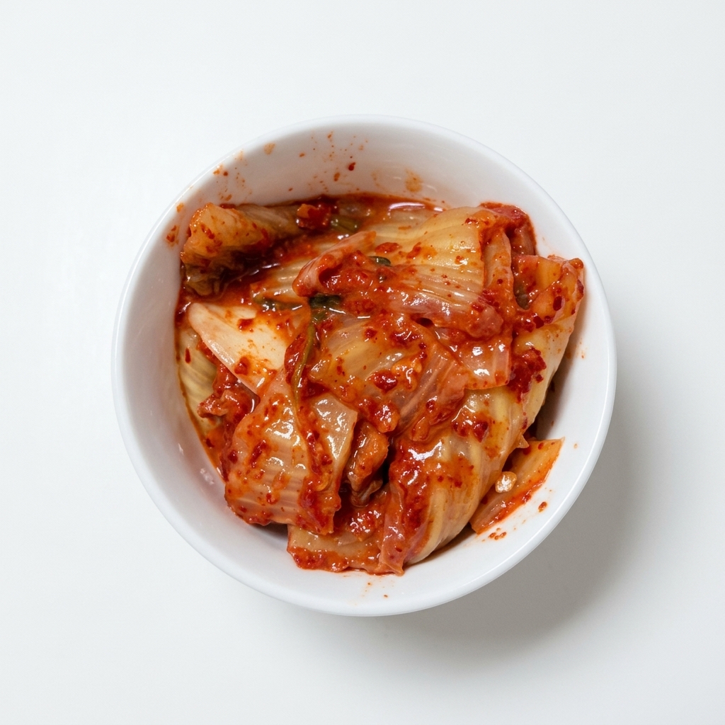 Une paire de ciseaux de cuisine coupant du kimchi rouge épicé dans un bol blanc.