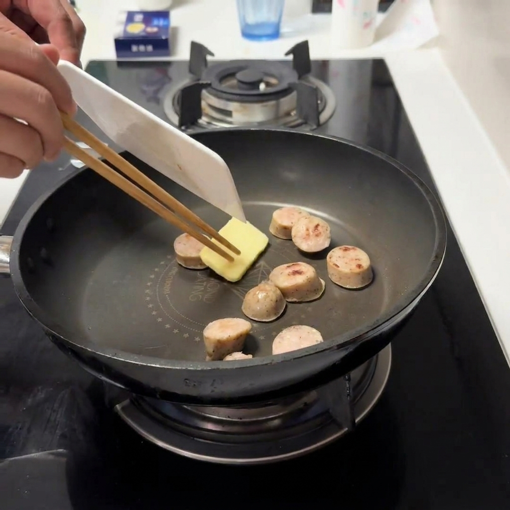 Un petit cube de beurre fondant dans une poêle à côté des tranches de saucisse dorées.
