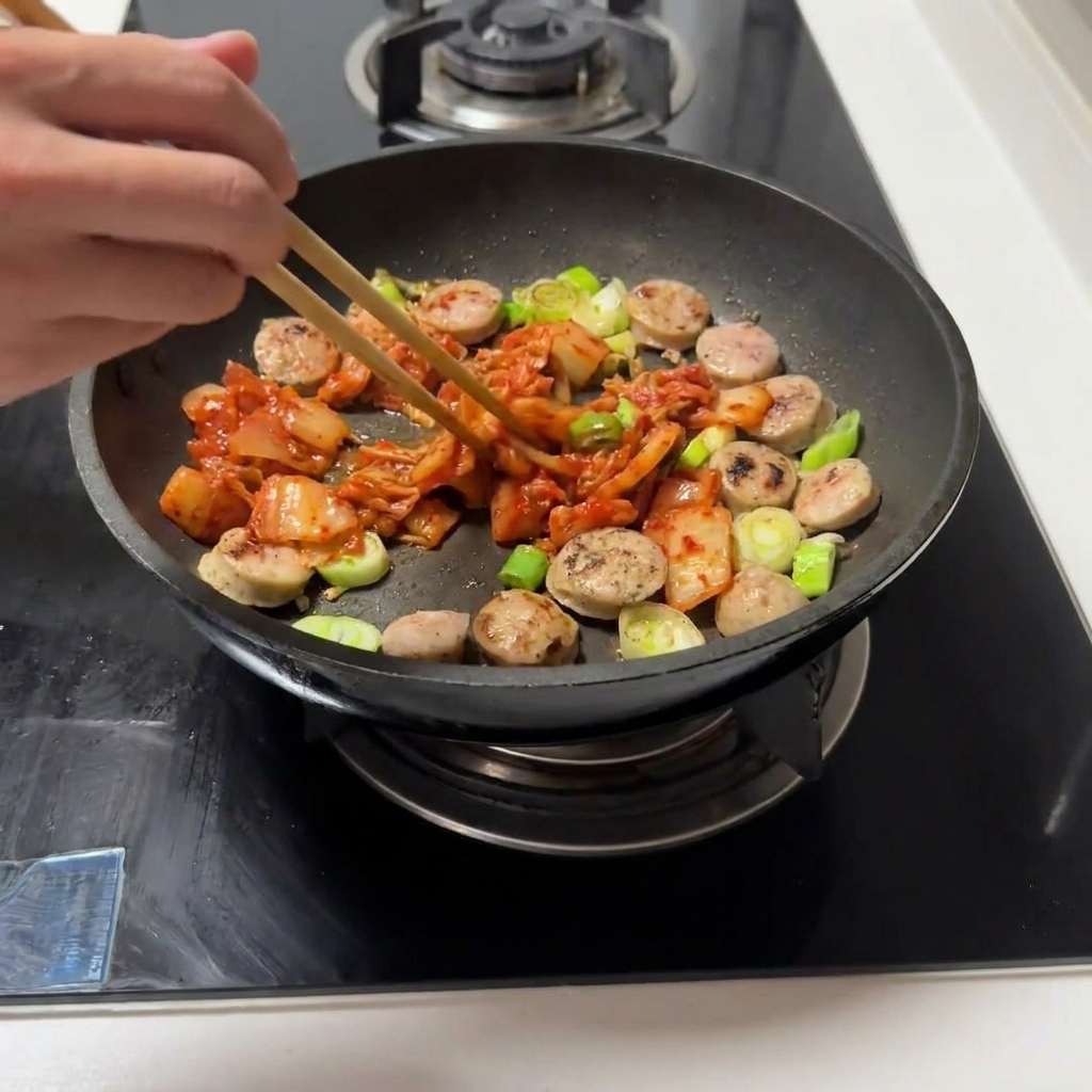 Le kimchi coupé est mélangé dans la poêle avec la saucisse et les aromates.