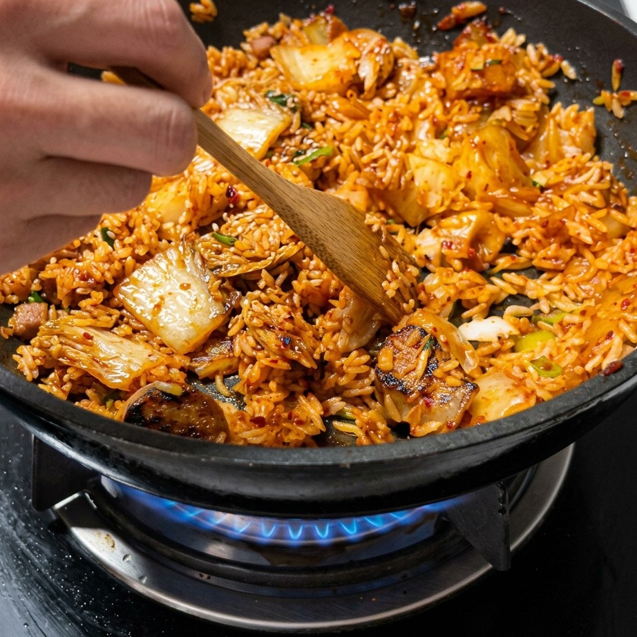 Le riz cuit mélangé au kimchi, à la viande et à la sauce à laide dune spatule en bois dans une poêle chaude.