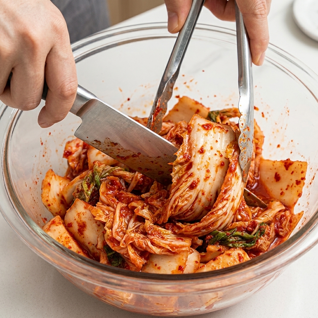 Morceaux de kimchi acide coupés avec des ciseaux de cuisine dans un bol en verre.