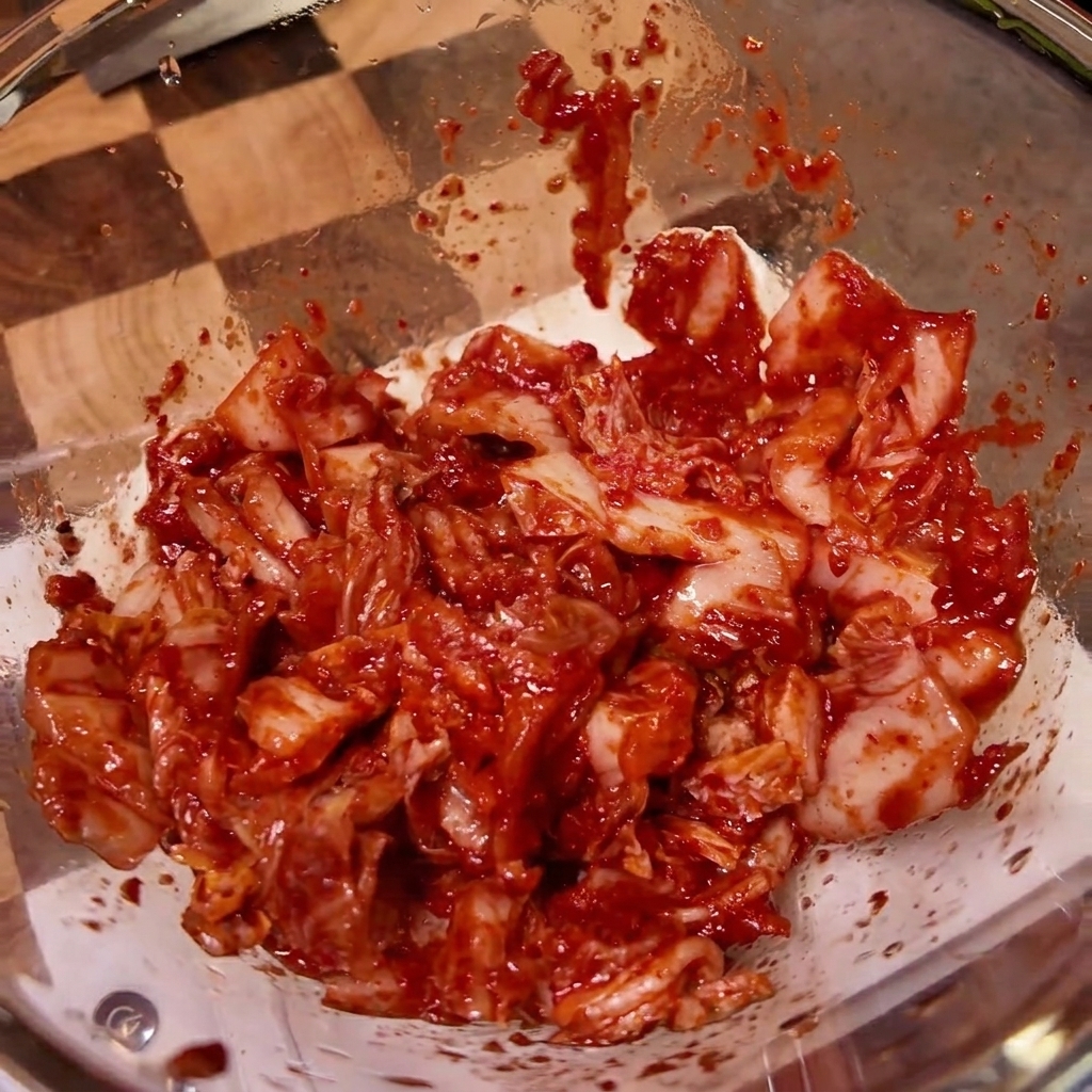 Un bol en verre contenant du kimchi assaisonné avec divers ingrédients liquides et en poudre.